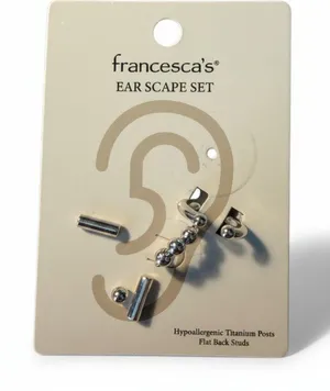 Francescas Silver Ear Scape Set Hypoallergenic Titanium Flat Back Studs Cuff NEW thumbnail 1