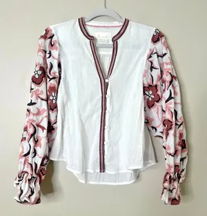 Anthropologie Simona Top‎ Womens XS White Pink Embroidered Floral Puffy Sleeve thumbnail 1