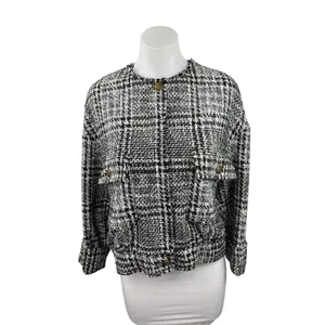 Zara Women's Black White Plaid Tweed Long Sleeve Crew Neck Coat Jacket Top S thumbnail 7