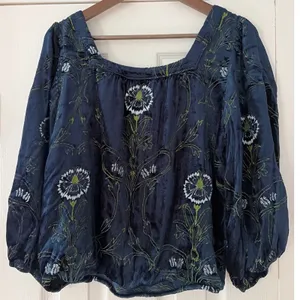Anthropologie Navy Blue‎ Velvet Floral Embroidered Square Neck Blouse M thumbnail 5