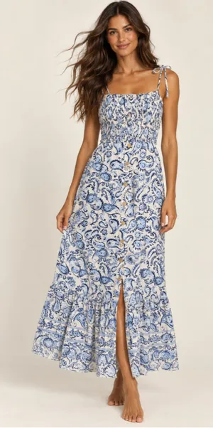 Zara Paisley Linen Smocked Boho Maxi Dress XS Coastal Nautical Breezy Italy Chic thumbnail 1