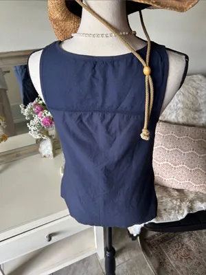 Boho western cottage navy cotton Beaded button down v neck blouse tank top M thumbnail 8