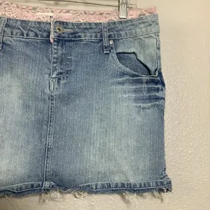 Deb Jeans Vintage Y2K Denim‎ Pink Lace Trim Coquette Feminine Mini Skirt Sz 16 thumbnail 3