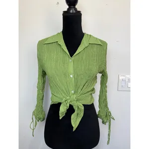 Jaipur Y2K Crinkle Green Tie Sleeve Button-Up Blouse Whimsical Fairycore M thumbnail 3