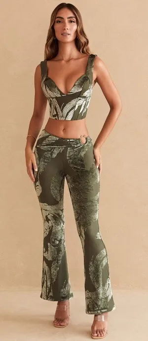 Oh Polly Devore Burnout Velvet Botanical Flare Pants Olive Green Boho Size 2 thumbnail 1