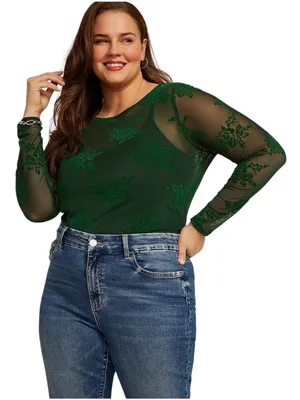 Studio Y by Maurices Emerald Green Velvet Flocked Floral Mesh Top NWT Size 0X thumbnail 1