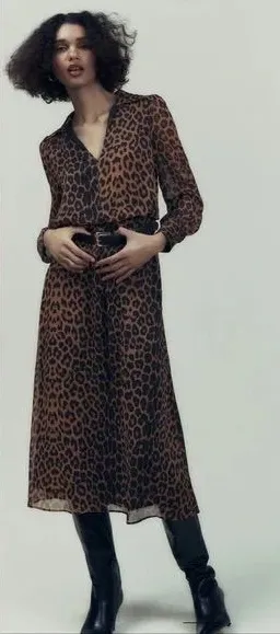 Zara Black and Brown Leopard Shirt Midi Dress Belted Large thumbnail 1