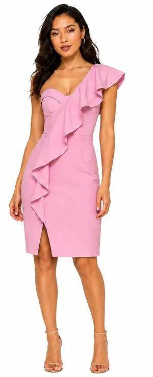 Lavish Lice Scuba Midi Dress with Corset Bodice & Dramatic One-Shoulder Ruffle thumbnail 1