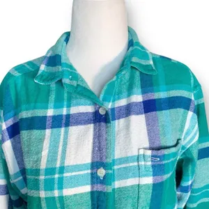 Vintage 90s Kelly Green Blue Plaid‎ Flannel Button Front Long Sleeve Baggy Shirt thumbnail 3