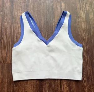 Offline by Aerie Ribbed Colorblock Sports Bra V-Neck White Purple Crop Top XL thumbnail 1