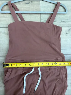 Vuori Mudra Square Neck Wide Leg Ribbed Casual Cozy Jumpsuit Chestnut Brown S thumbnail 10