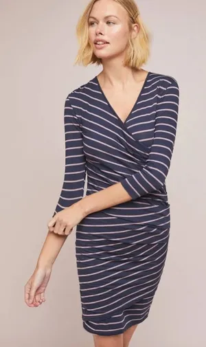 NEW Anthropologie Sundry Fabian Faux Wrap‎ Striped Shirt Dress Women’s 1/S Navy thumbnail 1