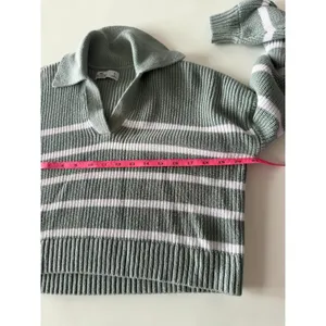 Hollister Sage Green White Striped Ribbed Polo Sweater V-Neck Cropped Small thumbnail 5