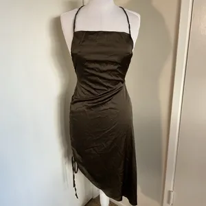 CBR Brown Satin Halter Backless Dress Side Tie Asymmetrical Medium thumbnail 2