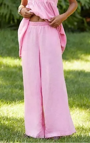 Anthropologie The Aubrey Smocked Linen Wide-Leg Pants, Size L thumbnail 1