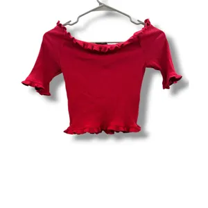 Reformation Ribbed Off Shoulder Crop Top Womens S‎ Red Lettuce Trim Fitted thumbnail 2