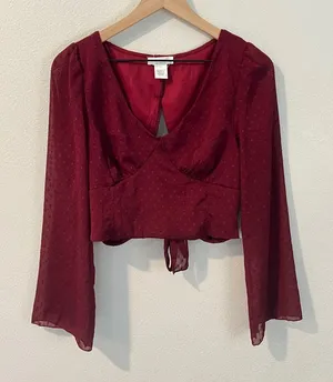 Kirious LA Burgundy Swiss Dot Chiffon Bell Sleeve Tie Back‎ Cutout Crop Top L thumbnail 1