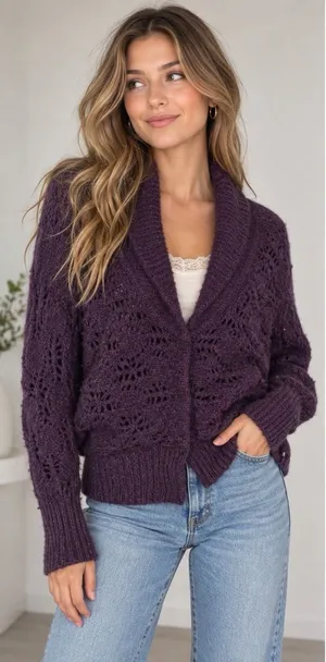 Free People Sweater Cardigan Wool Blend 4 Snap Purple Open Weave Chunky Knit M thumbnail 1