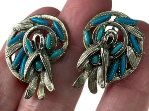 Vintage Midcentury Southwest style ornate faux turquoise clip earrings. thumbnail 1