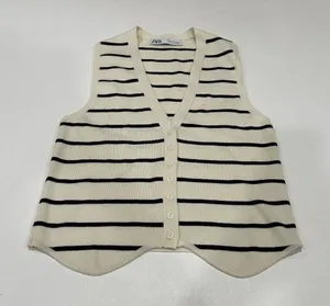 ZARA Striped Knit Button Front Sweater Vest Size Small Cream Navy thumbnail 1