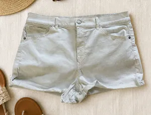Express Shortie High Rise White Distressed Denim Shorts Size 14 thumbnail 1