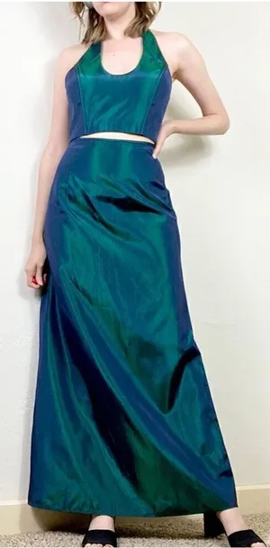Vintage 00’s Jessica McClintock Gunne Sax Teal Iridescent 2 Piece Formal Dress 5 thumbnail 1