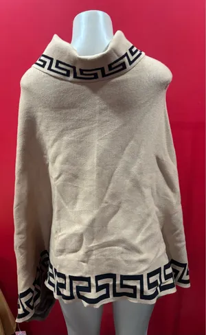 Women's Cream Knit Cape with Black Geometric Trim thumbnail 3
