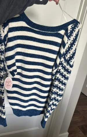 blue and white striped harlow and rose sweater thumbnail 1