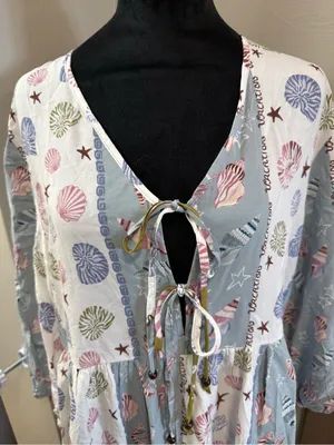 NWT‎ Label of Love Vacation by the Sea Shell Print Mini Dress Long Sleeve Tie Lg thumbnail 2