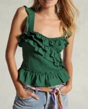 Anthropologie Green Smocked Ruffle CamisolTank Top Square Neck Sleeveless SizeL thumbnail 1