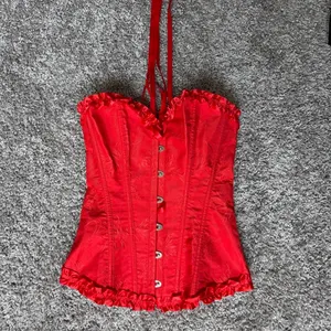 Red corset top with subtle floral embroidery thumbnail 6