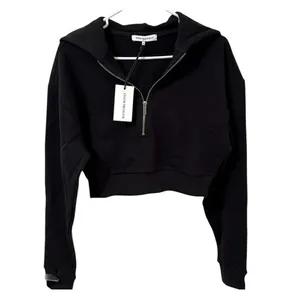 NWT WeWoreWhat Cropped Half Zip Fleece Cotton Hoodie Long Sleeve Small Black thumbnail 13