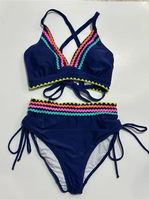 Navy High-Waist Bikini Set with Neon Trim thumbnail 1