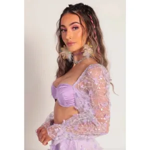 IHeartRaves Purple Sequin Floral Puff Sleeve Underwire Crop Bra Top Size XS thumbnail 2