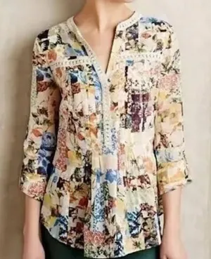 Maeve Abella Blouse Women 0 Ivory Floral Patchwork Pin Tuck Cotton Top Boho thumbnail 1
