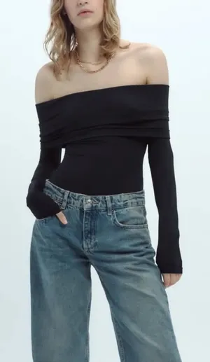 Zara NWT off shoulder long sleeve stretchy bodysuit fitted top thumbnail 1
