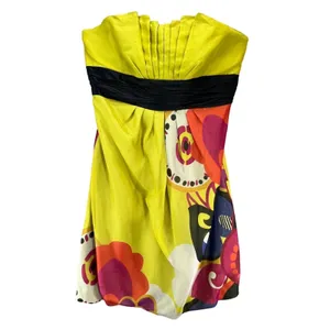 Kay Unger Y2K Dress 14 Chartreuse Yellow‎ Strapless Silk Floral Pleated Cocktail thumbnail 2