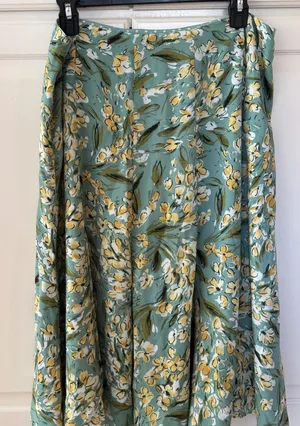 Reversible Floral and Polka Dot Midi Skirt Sage Green Yellow A-Line Side Zip thumbnail 1