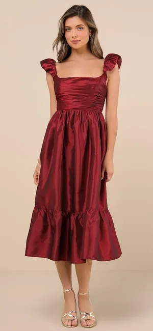 Lulus Poised Passion Wine Red Taffeta Pleated Ruffled Midi Dress Large NWT thumbnail 1