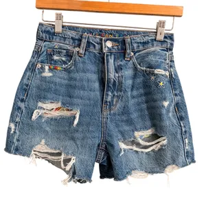 American Eagle Denim Shorts Womens 00‎ Blue Rainbow Embroidered Distressed thumbnail 1