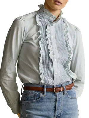 Ralph Lauren RUFFLE-TRIM CHAMBRAY Button Up Cotton SHIRT in light denim thumbnail 1