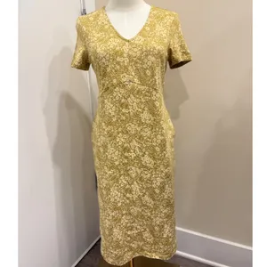 Pact Organic Cotton Floral Fit and Flare V-Neck Midi Dress Chartreuse Yellow S thumbnail 2