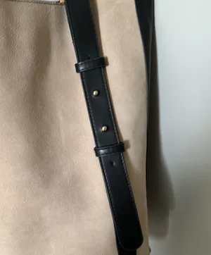 Great condition faux suede and faux leather, H&M shoulder bag, tan and black thumbnail 5