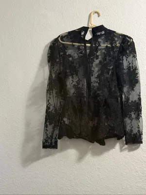 Eilly bazar Black Floral Lace Sheer Long Sleeve Peplum shirt Romantic L thumbnail 4