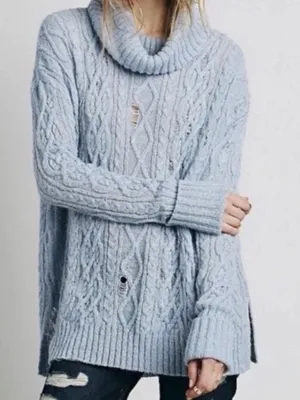 Free People Blue Distressed Turtleneck Sweater Size XS Oversized Wool Cable Knit thumbnail 8