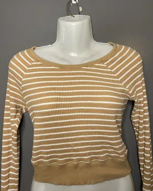 OFFLINE By Aerie Sweater Womens Small Beige Striped Waffle Knit Boat Neck Soft thumbnail 1