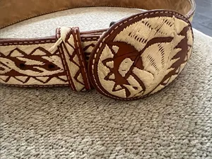 Handmade Embroidered Horse Leather Brown & Cream Western Belt Rare thumbnail 5