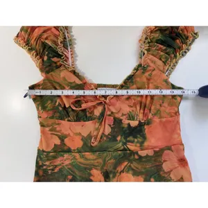 Urban Outfitters‎ Orange Green Floral Mesh Mini Dress Smocked Boho Ruffle Med thumbnail 4
