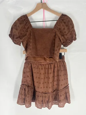 Hollister Brown Eyelet Puff Sleeve Crop Top & Ruffle Mini Skirt Set S/XS thumbnail 6