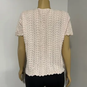 Y2K Retro Vintage 90s Pink Pointelle Knit crochet Cardigan Short Sleeve M stain thumbnail 7